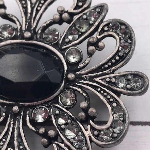 Brooch Art Deco Art Nouveau Silver-tone Black Center Marcasite 2-3/4" x 2-5/8" - Picture 3 of 5